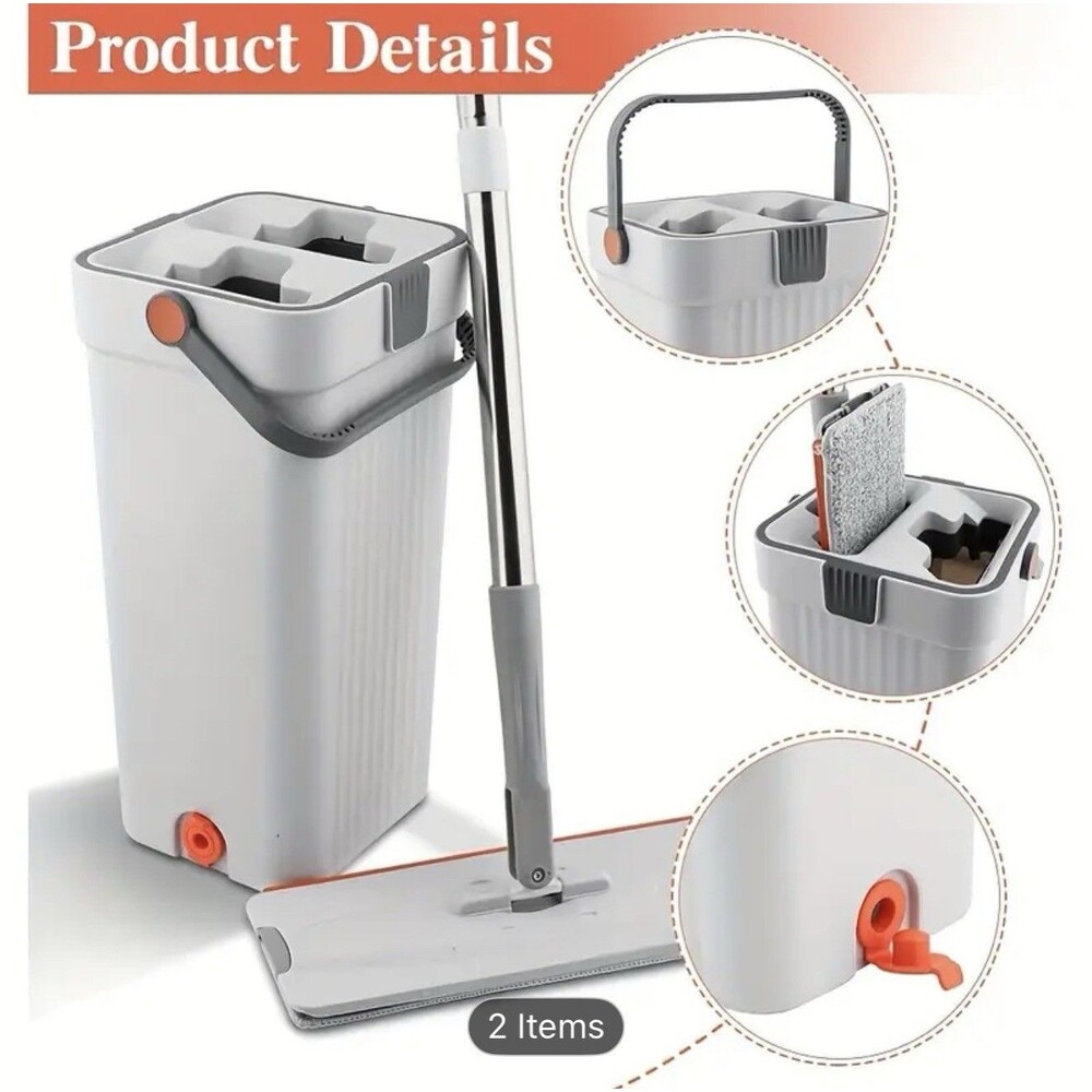 Hands-Free Flat Mop And Bucket Set And 2pcs Mop Pad- Dual-Purpose
